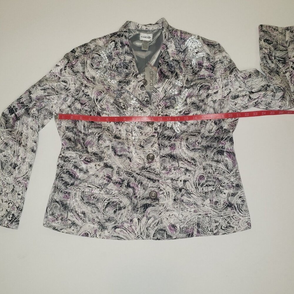 Chico's Parmenia Jacket Purple Pretty Print Silk Beaded Appliques Size 2 Large - Picture 7 of 16